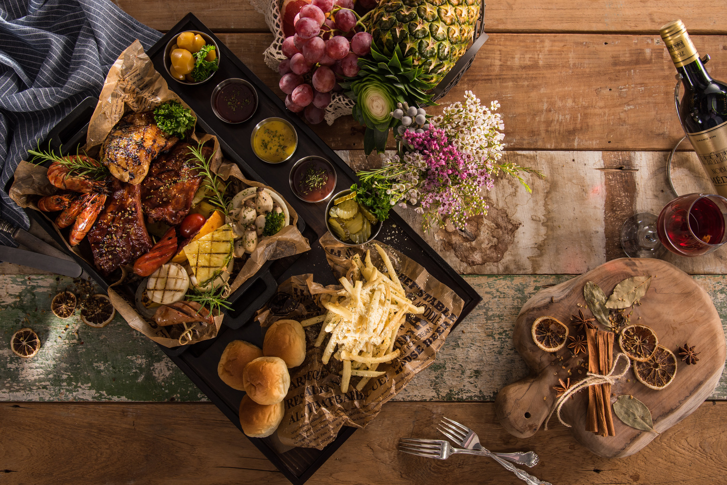 Top View of Delicious Catering on Wooden Table
